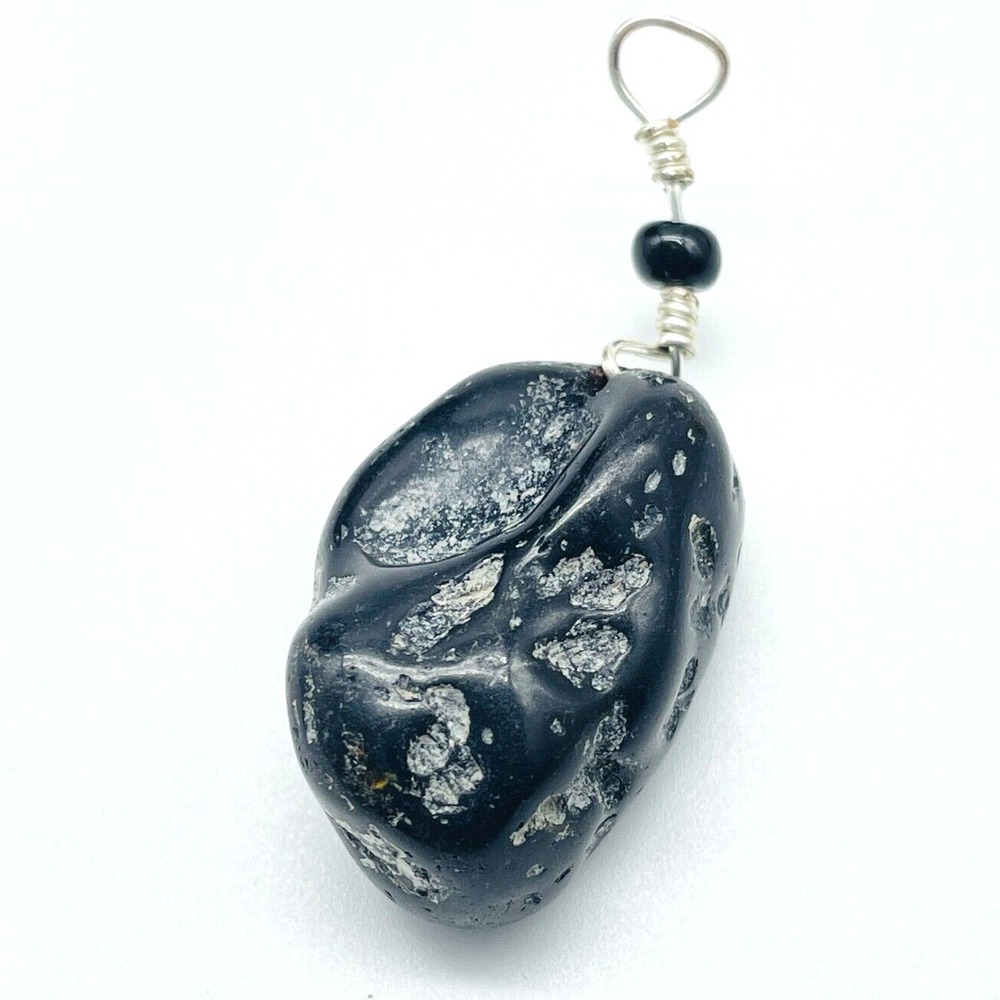 Vintage Stone Pendant Black Silver Swirl Teardrop Wire Wrapped Charm Boho Fest